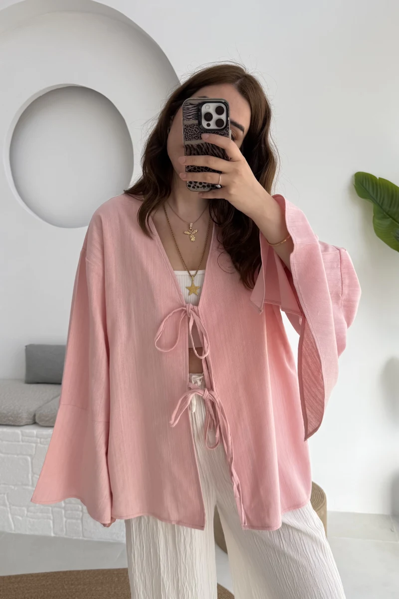 Happyi Kimono Bağlamalı Keten Bluz Pembe