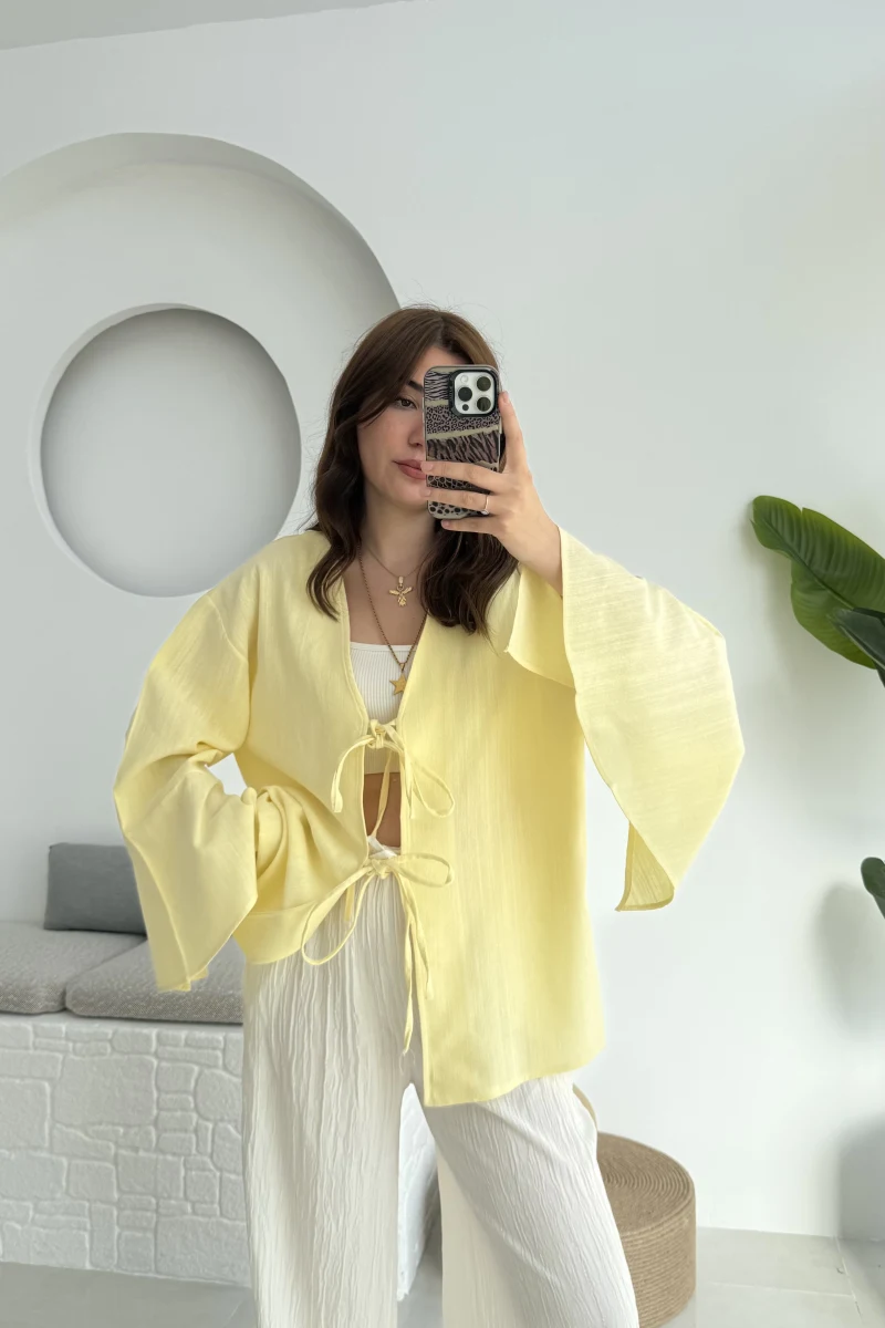Happyi Kimono Bağlamalı Keten Bluz Sarı