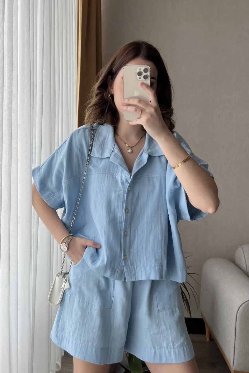 Harper Bebe Mavisi Gömlek Şort Takım