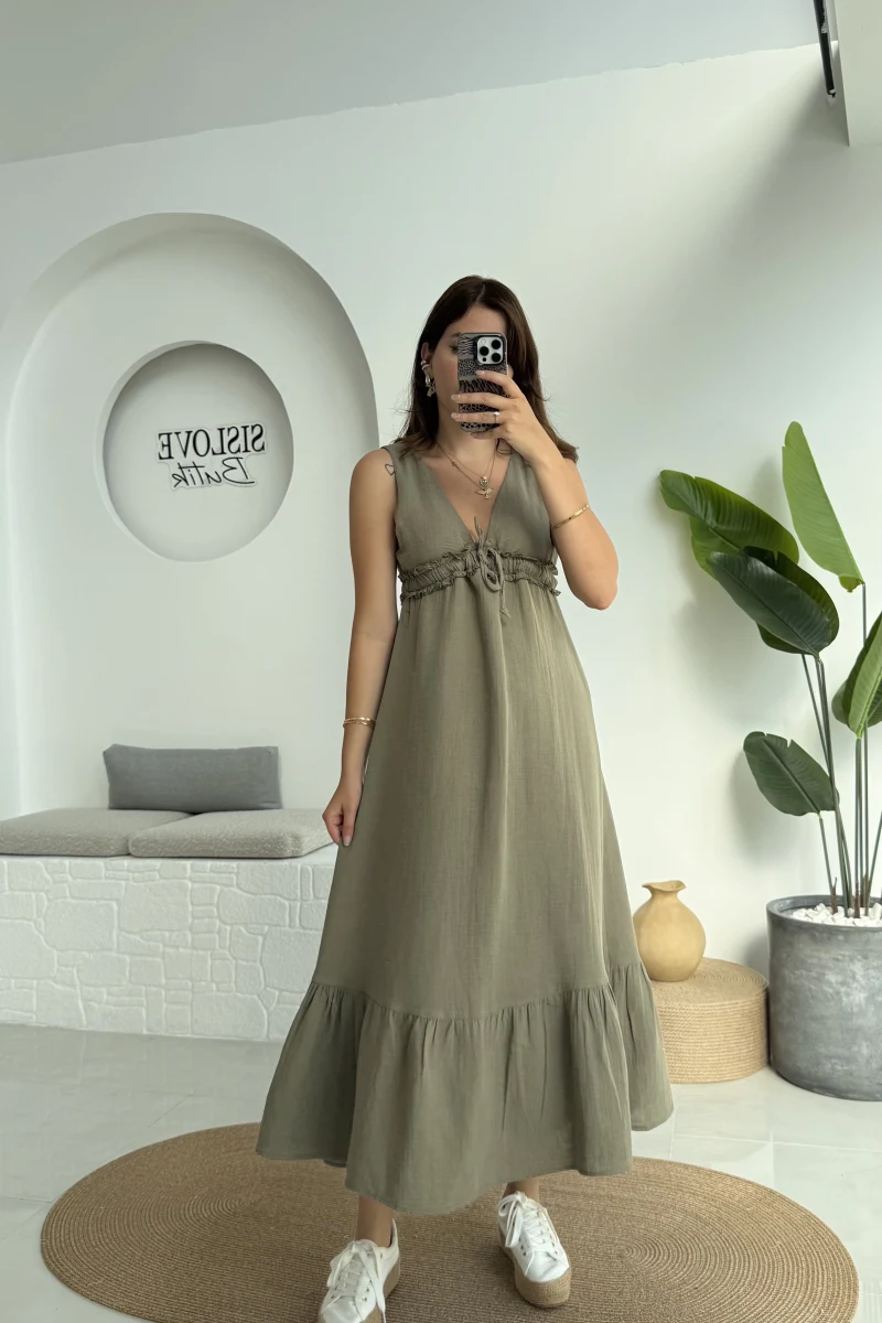 Hazel V Yaka Elbise - 3043 - Haki