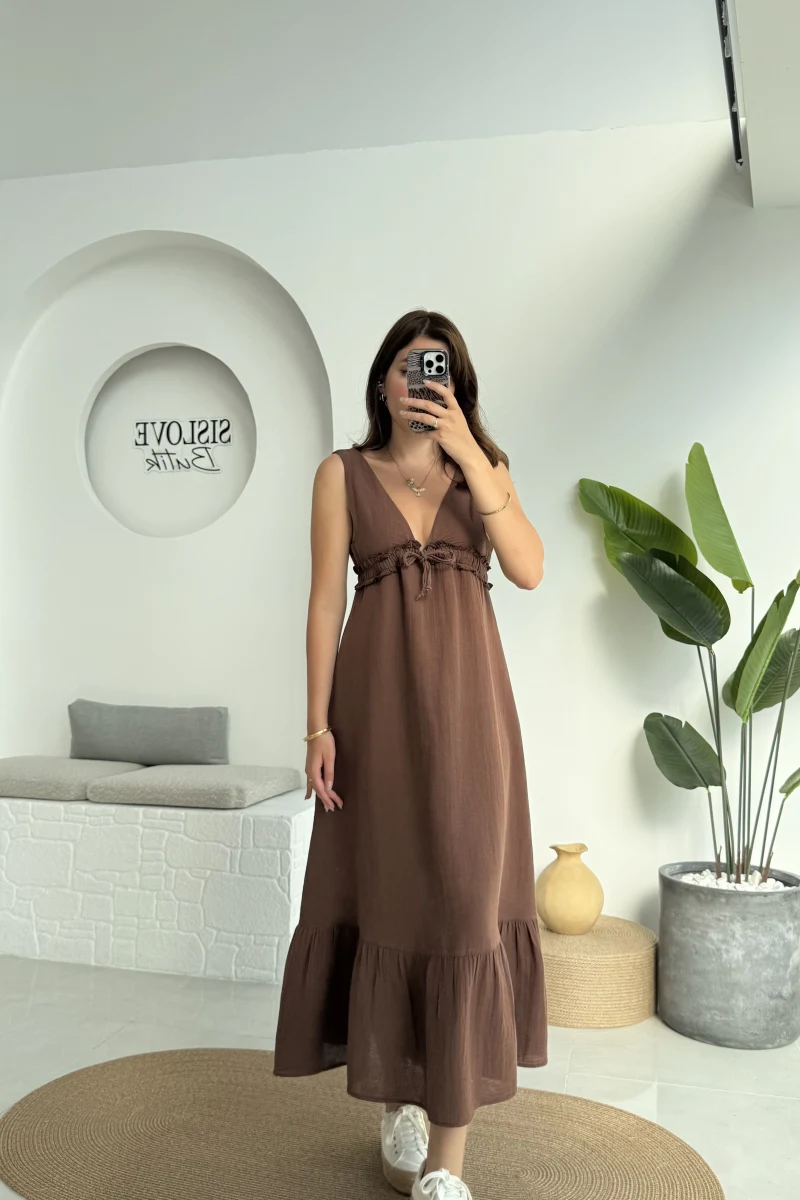 Hazel V Yaka Elbise - 3043 - Kahve