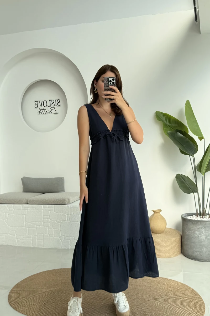 Hazel V Yaka Elbise - 3043 - Lacivert