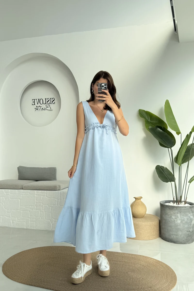 Hazel V Yaka Elbise - 3043 - Mavi