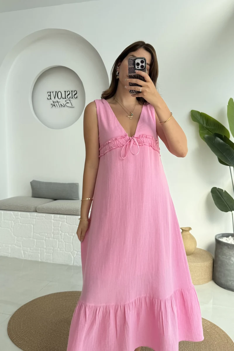 Hazel V Yaka Elbise - 3043 - Pembe