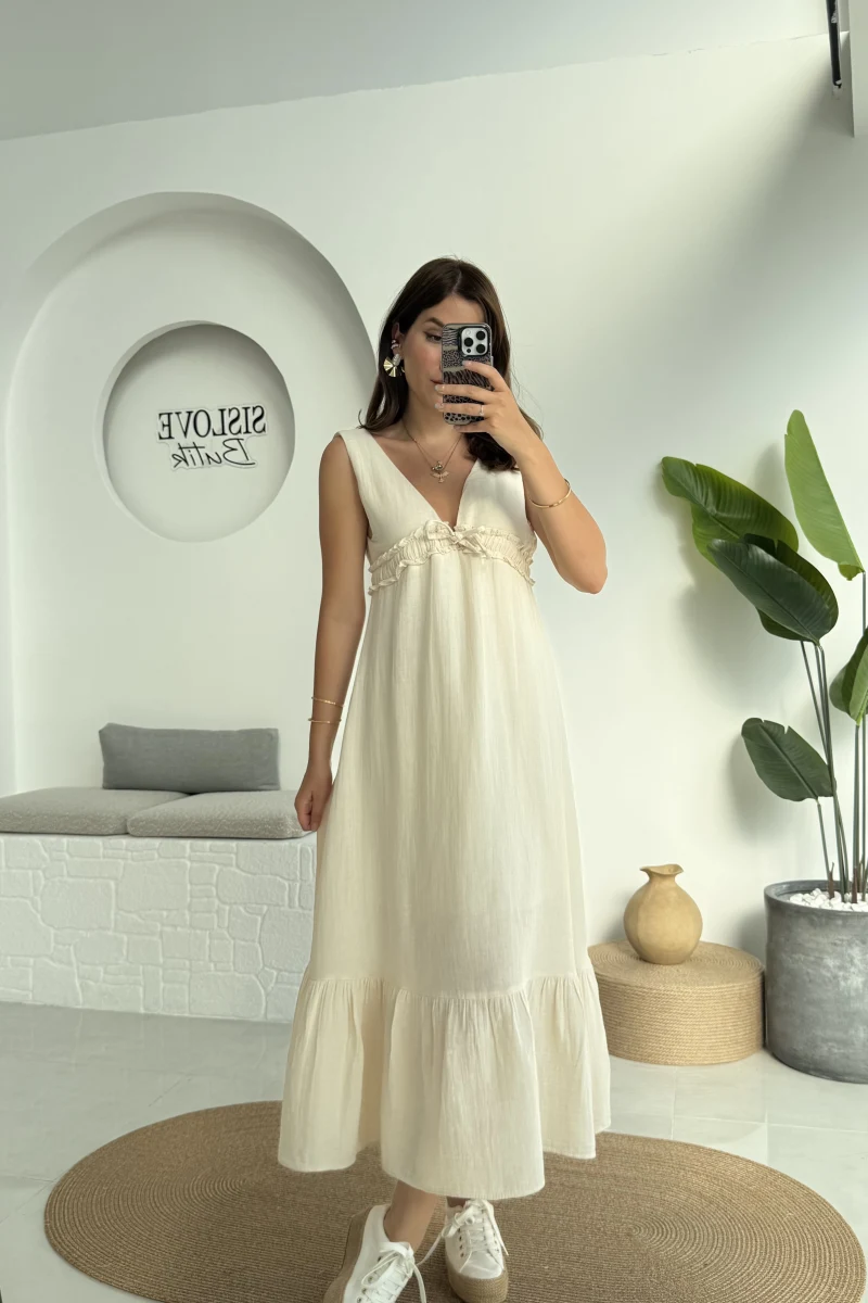 Hazel V Yaka Elbise - 3043 - Taş