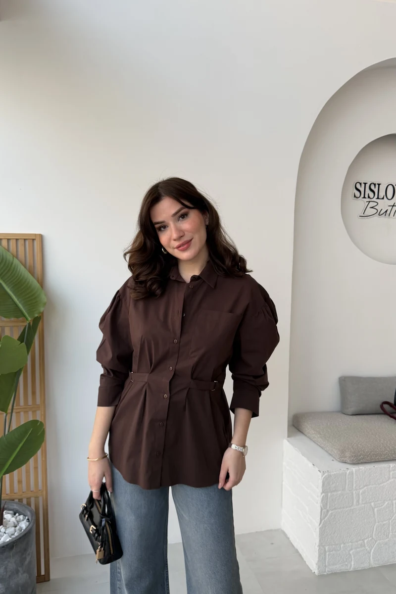 Heidi Bağlama Detay Gömlek - Acı Kahve - Kod: 5441