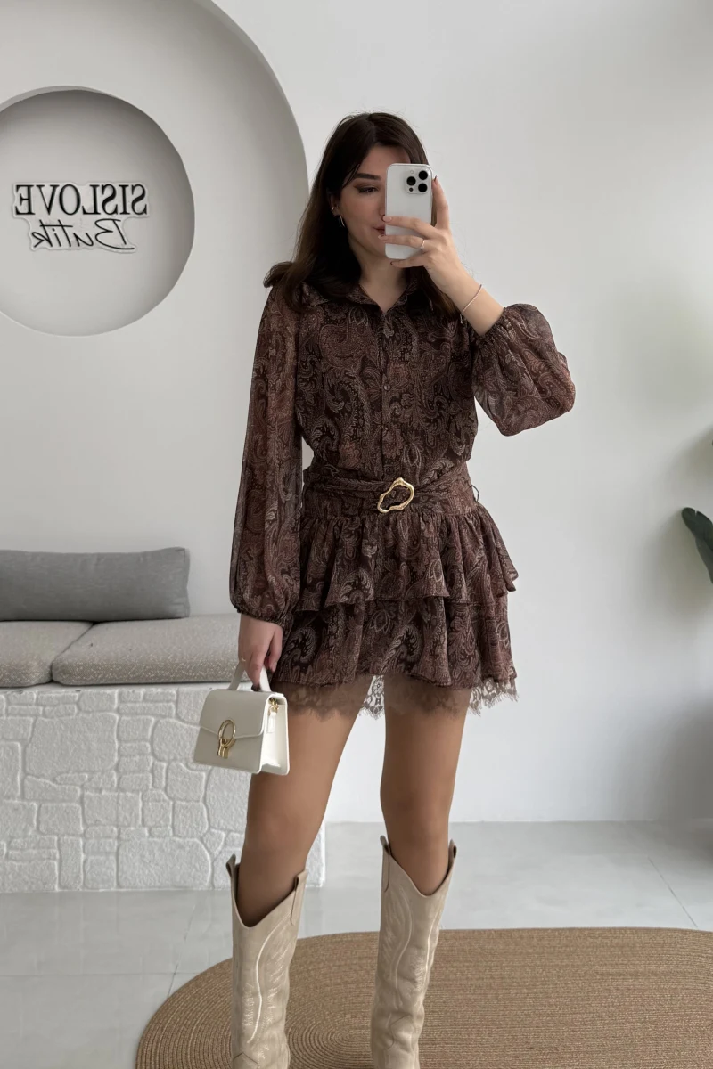 Helen Şifon Kısa Elbise - Kahverengi - Kod: 3071