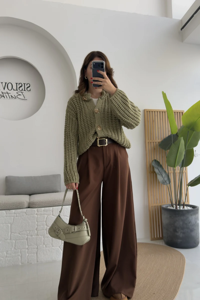 Hera Kemerli Bol Paça Kumaş Pantolon - Kahverengi