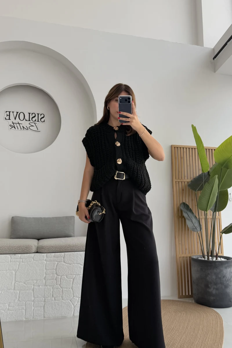 Hera Kemerli Bol Paça Kumaş Pantolon - Siyah