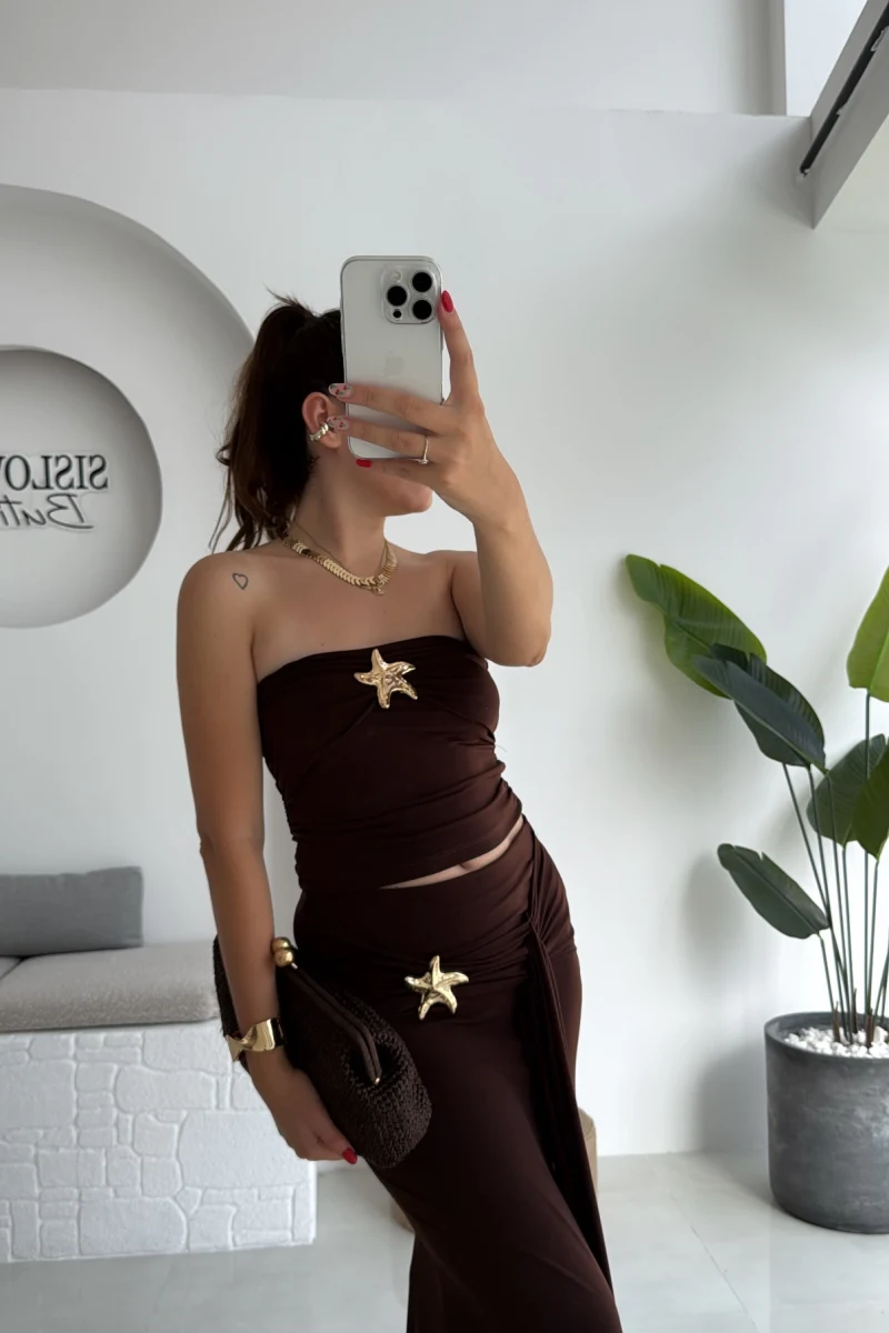 Hilda Deniz Yıldızı Detaylı Straplez Bluz Etek Takım - Kahve - 0510