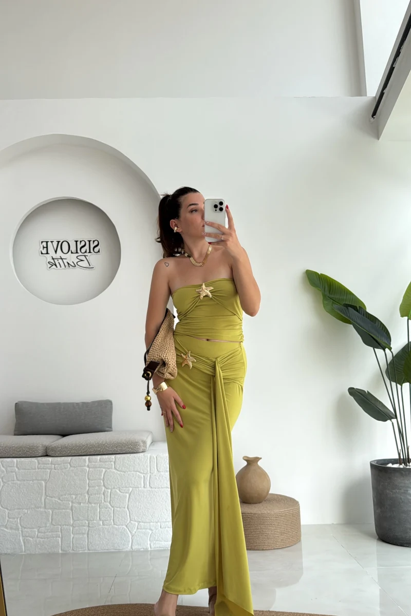 Hilda Deniz Yıldızı Detaylı Straplez Bluz Etek Takım - Yağ Yeşili - 0510