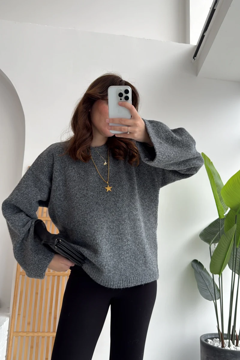 Holly Bisiklet Yaka Kırçıllı Kazak - Antrasit