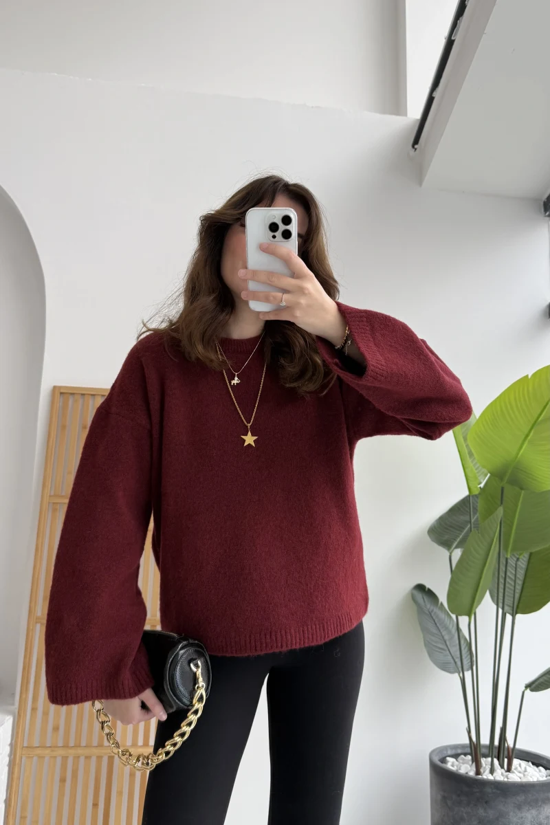 Holly Bisiklet Yaka Kırçıllı Kazak - Bordo