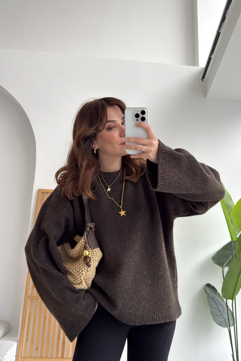 Holly Bisiklet Yaka Kırçıllı Kazak - Kahverengi