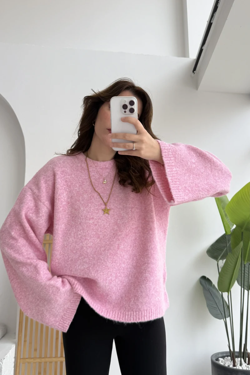 Holly Bisiklet Yaka Kırçıllı Kazak - Pembe