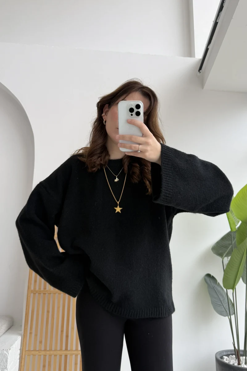 Holly Bisiklet Yaka Kırçıllı Kazak - Siyah