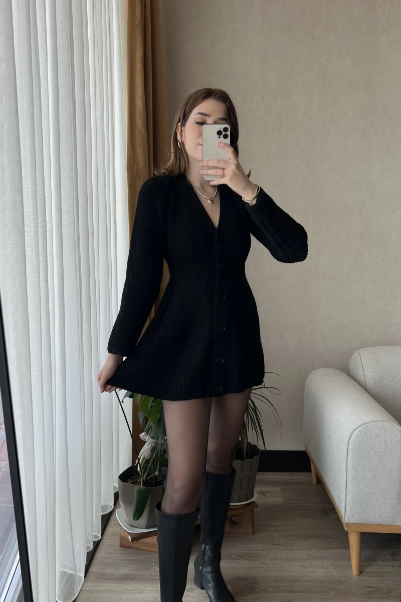 Hot Mini Siyah Triko Elbise