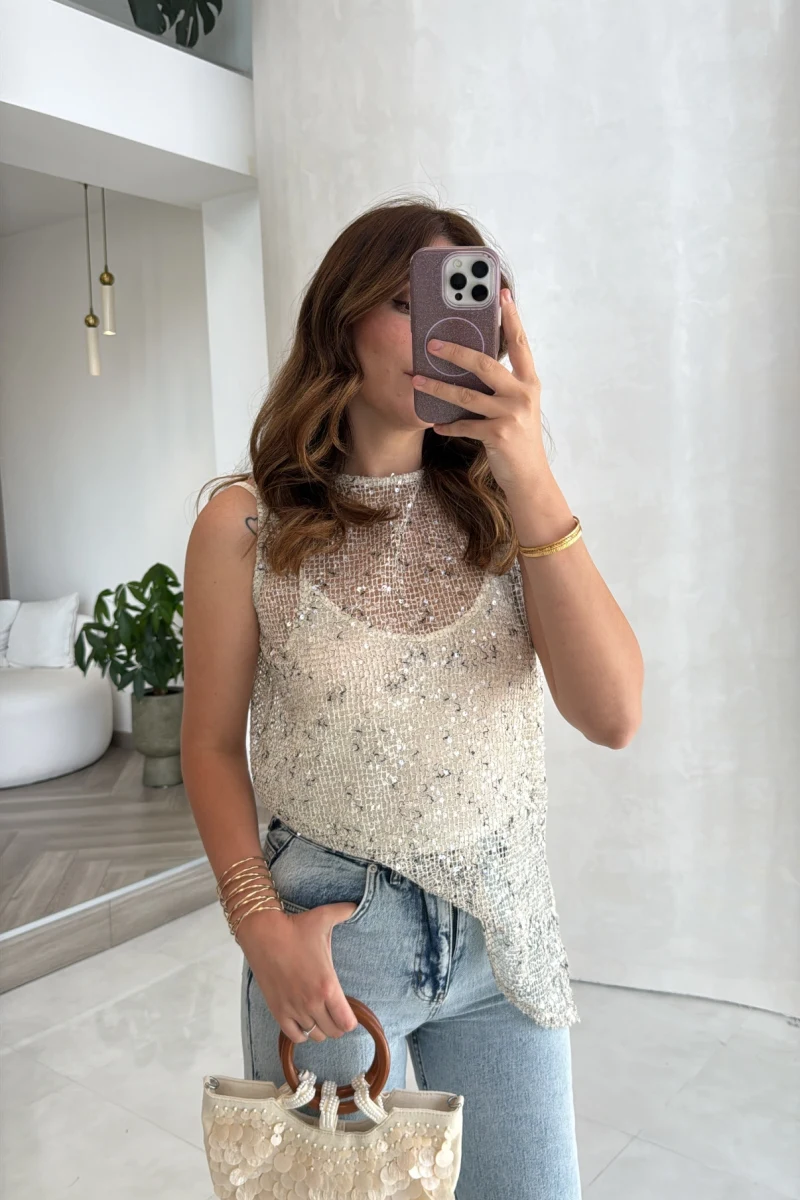 İçi Askılı Body Pullu Bluz - Ekru - Kod: 1115