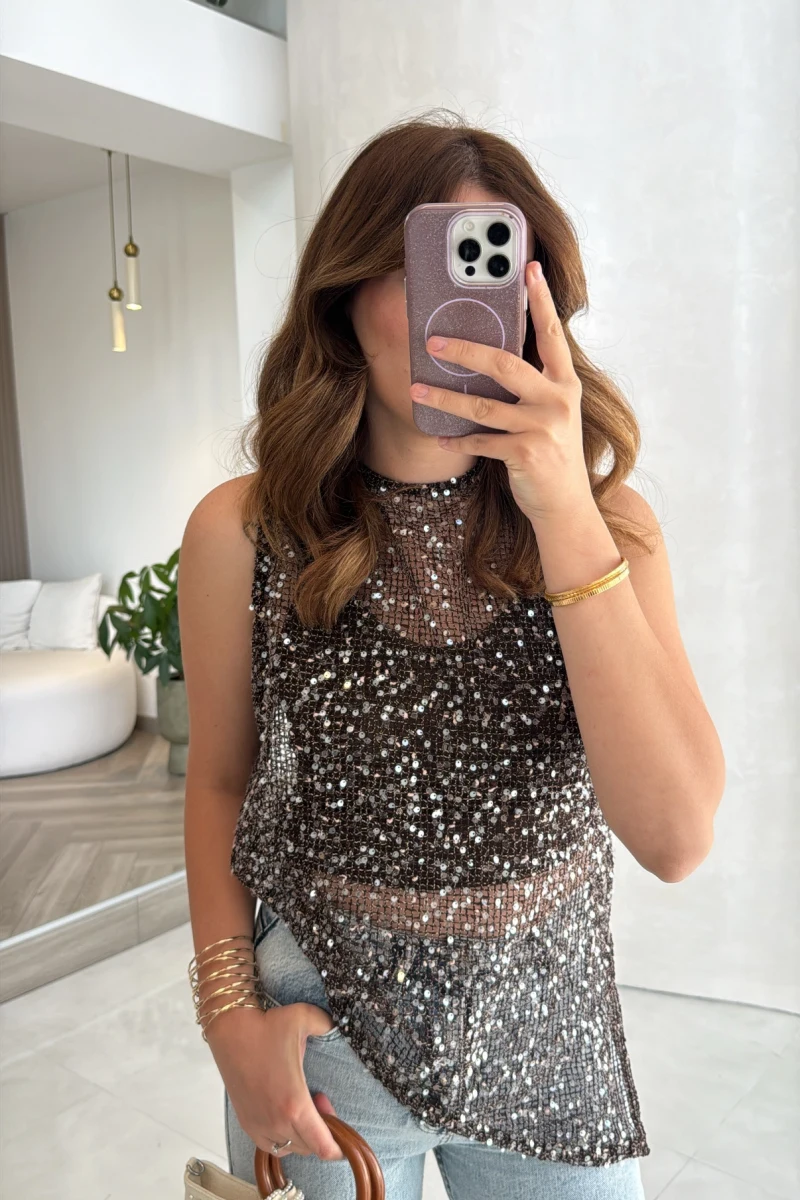 İçi Askılı Body Pullu Bluz - Kahve Siyah Tonları - Kod: 1115