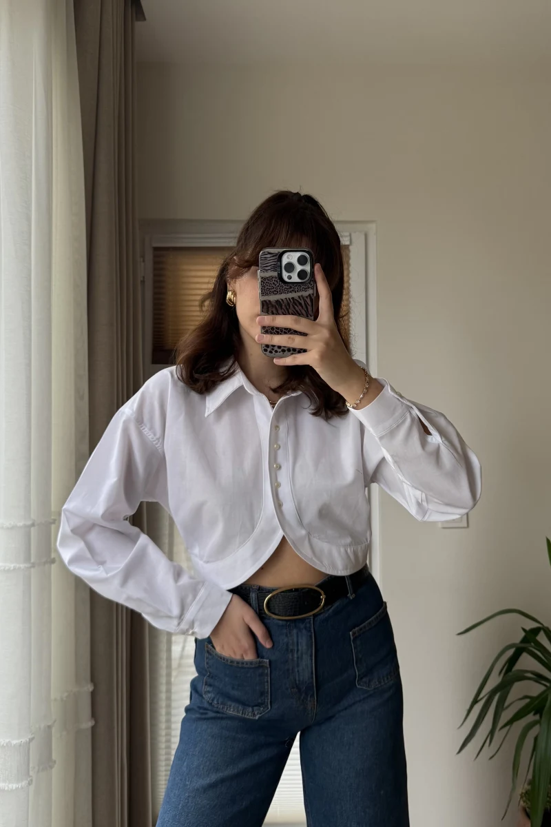 İnci Düğmeli Crop Gömlek Beyaz