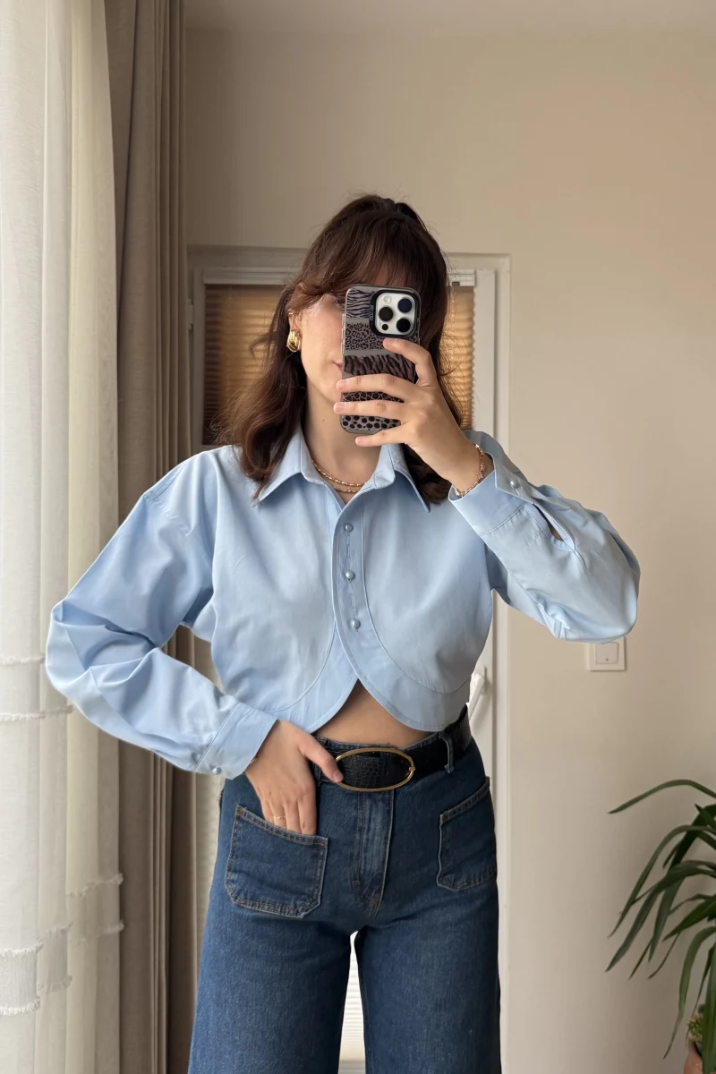 İnci Düğmeli Crop Gömlek Mavi