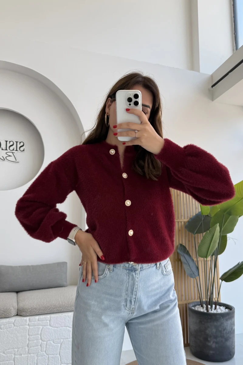 İnci Düğmeli Sakallı Hırka - Bordo - Kod: 25302