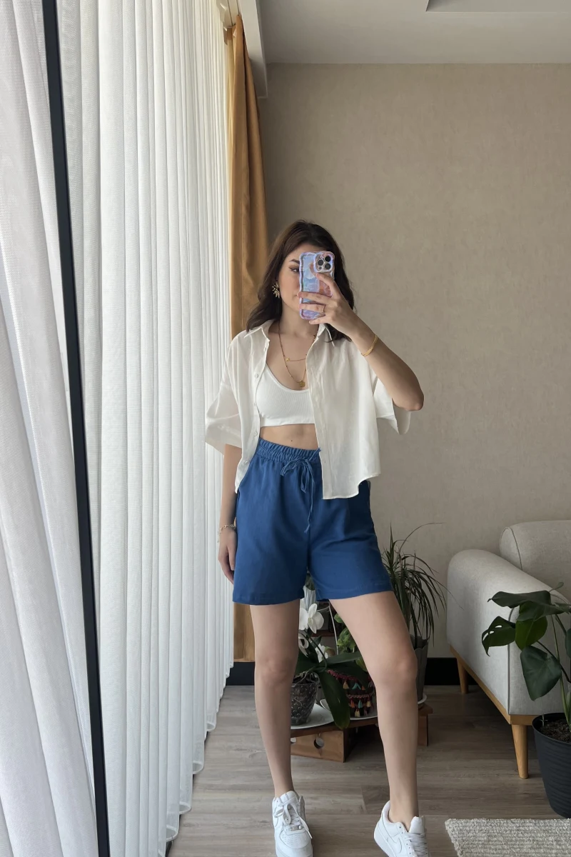 İndigo Müslin Kumaş Lastikli Şort