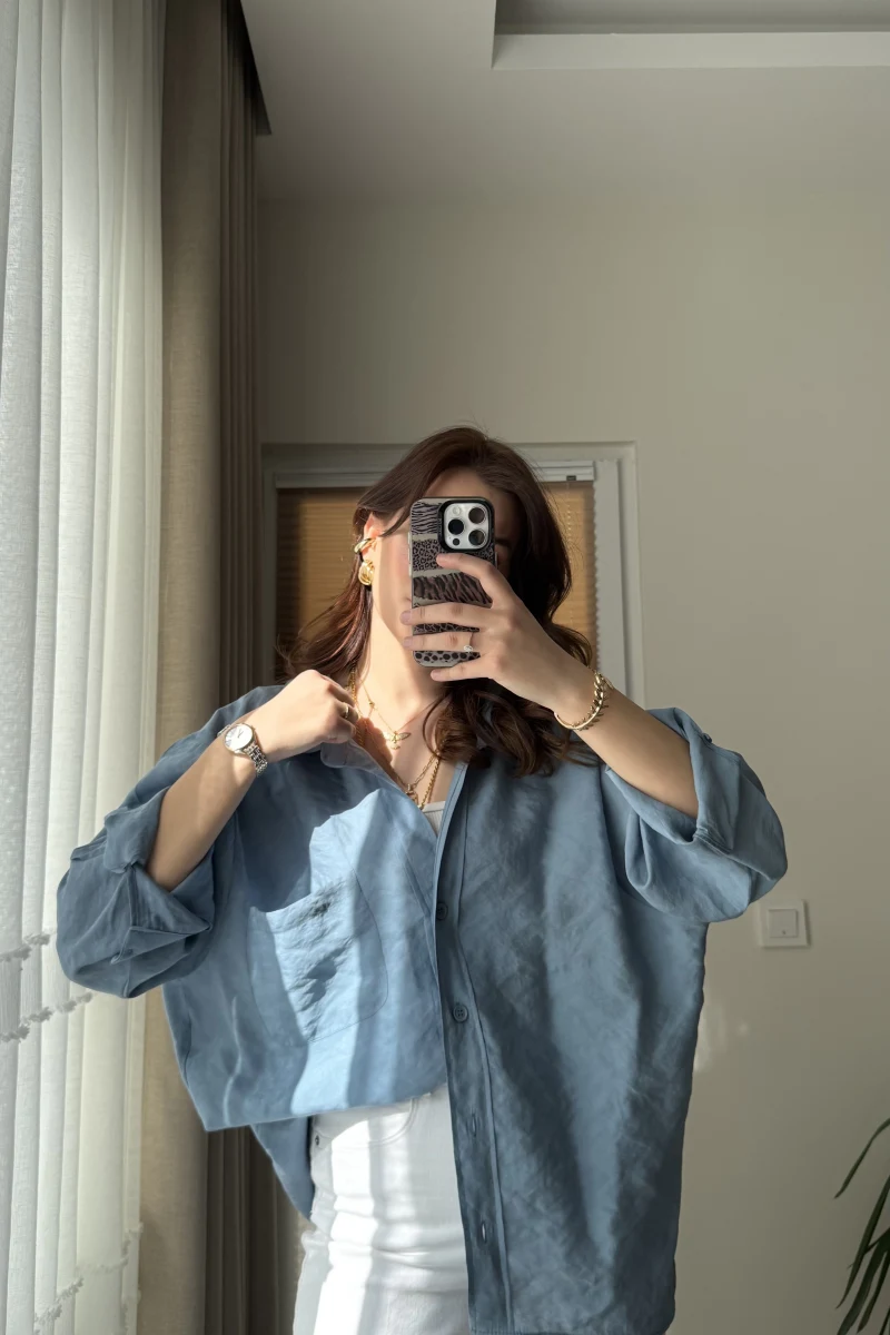 İndigo Mavi Oversize Tensel Gömlek Kod: 4612