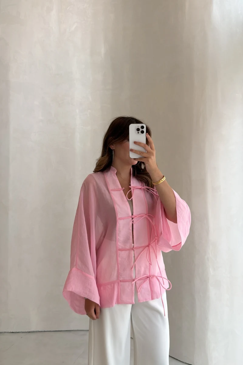 İp Bağcıklı Gömlek - Pembe - Kod: 5098