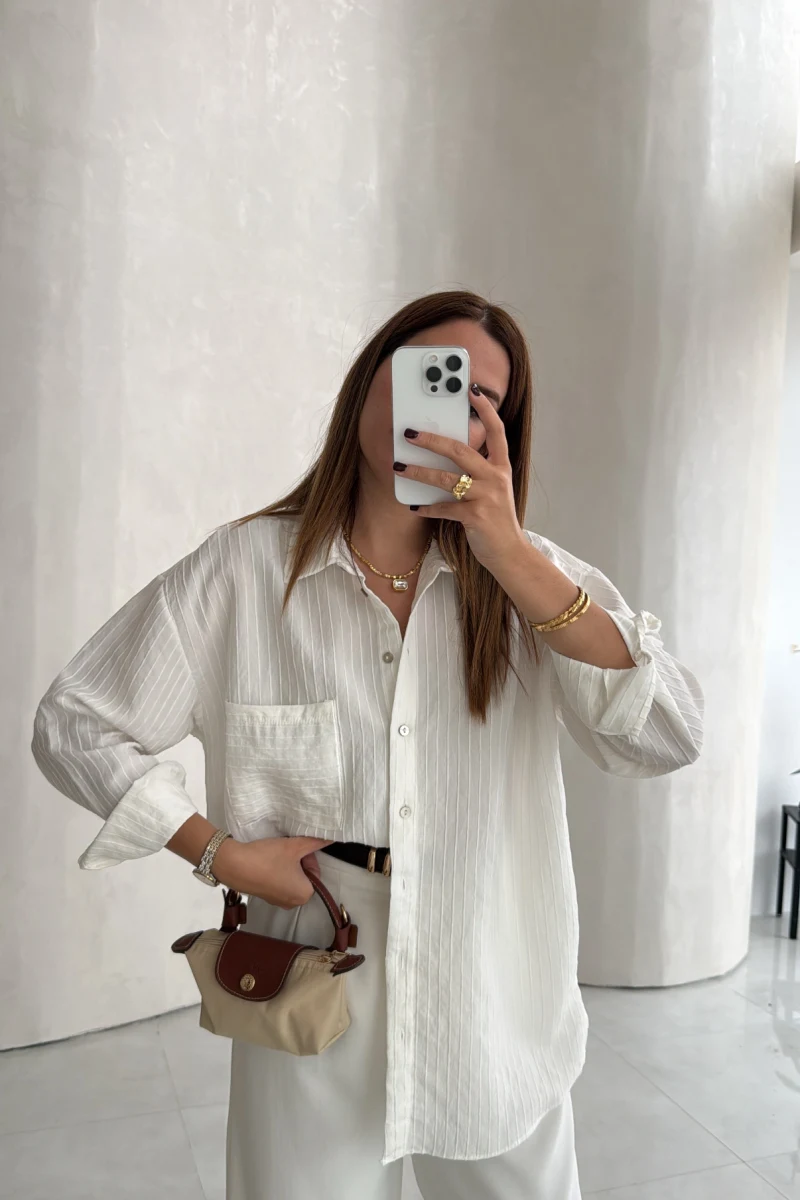 Isabella Çizgili Oversize Gömlek - Beyaz - Kod: 5000