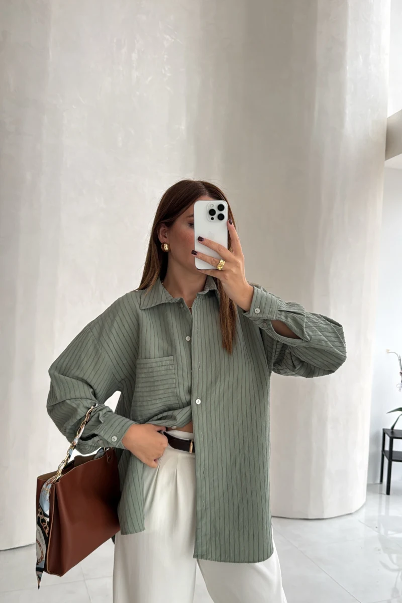 Isabella Çizgili Oversize Gömlek - Çağla - Kod: 5000