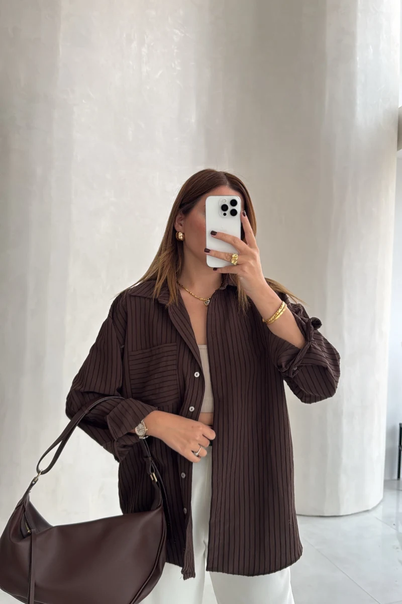 Isabella Çizgili Oversize Gömlek - Kahve - Kod: 5000