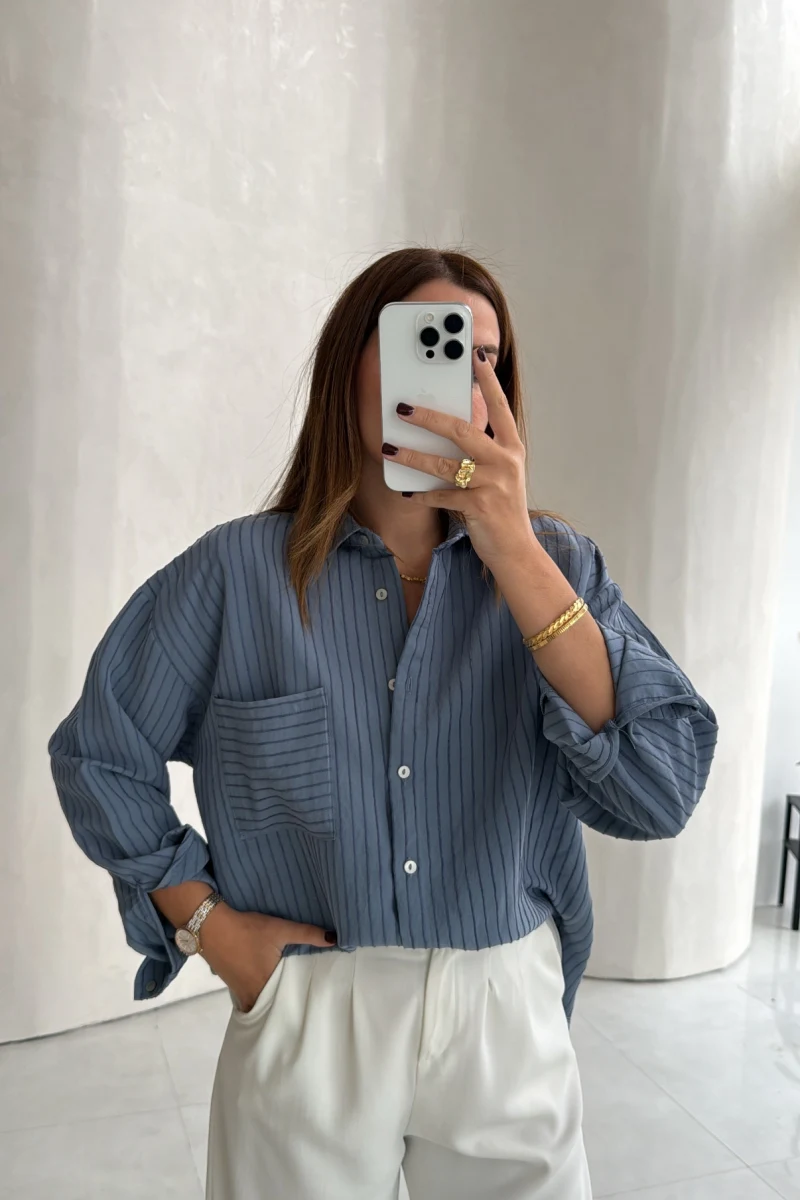 Isabella Çizgili Oversize Gömlek - Mavi - Kod: 5000
