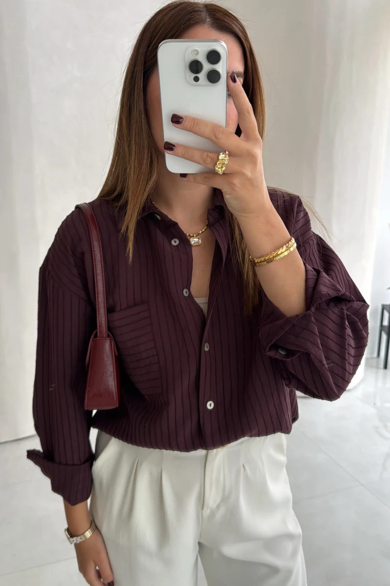 Isabella Çizgili Oversize Gömlek - Mürdüm - Kod: 5000