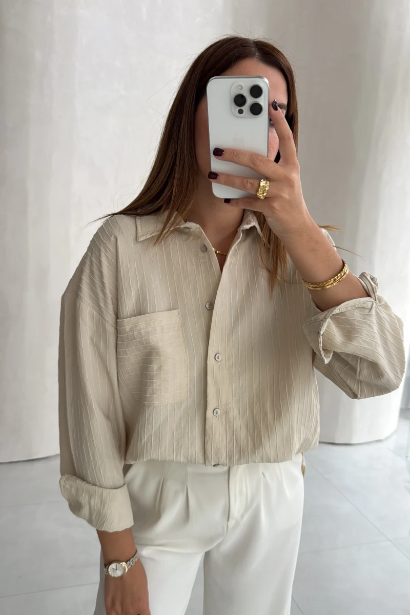 Isabella Çizgili Oversize Gömlek - Taş - Kod: 5000