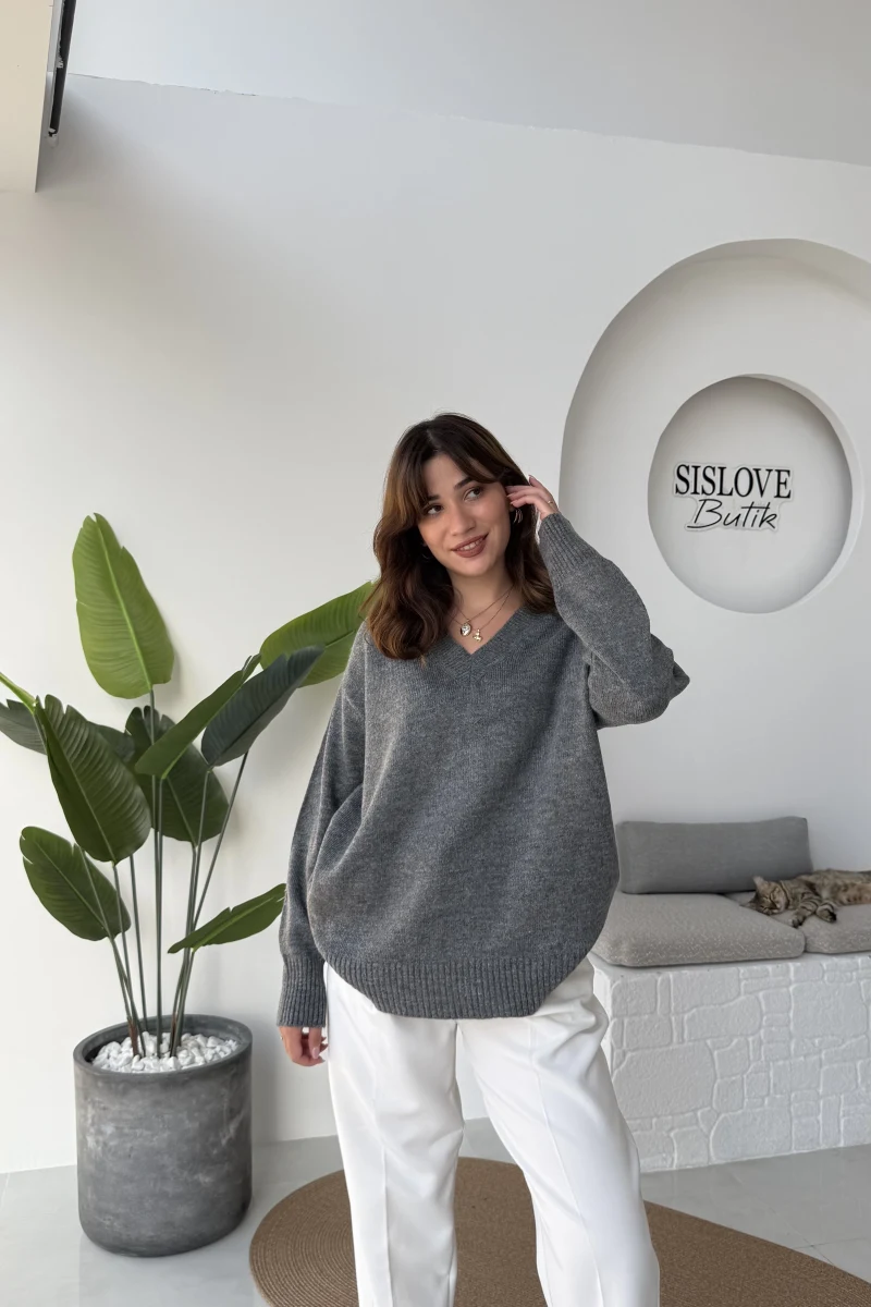 İsabella V Yaka Kazak - Antrasit