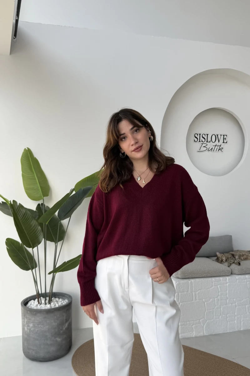 İsabella V Yaka Kazak - Bordo