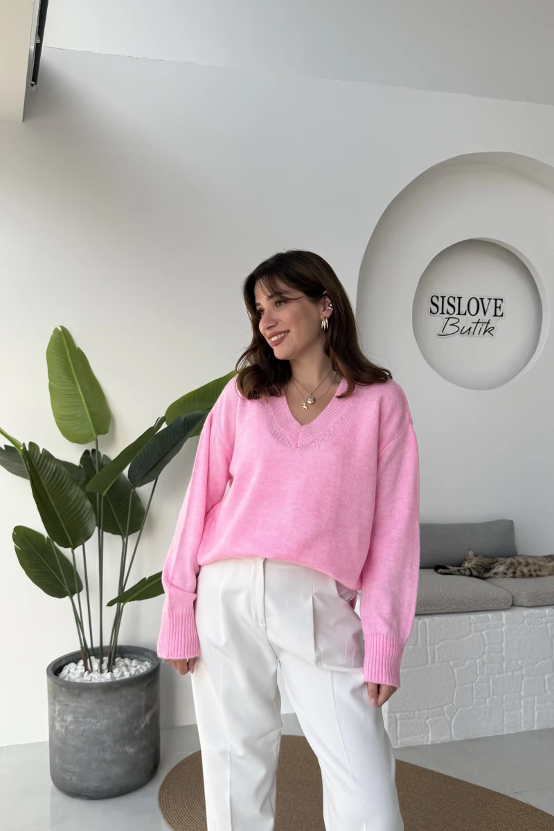 İsabella V Yaka Kazak - Pembe