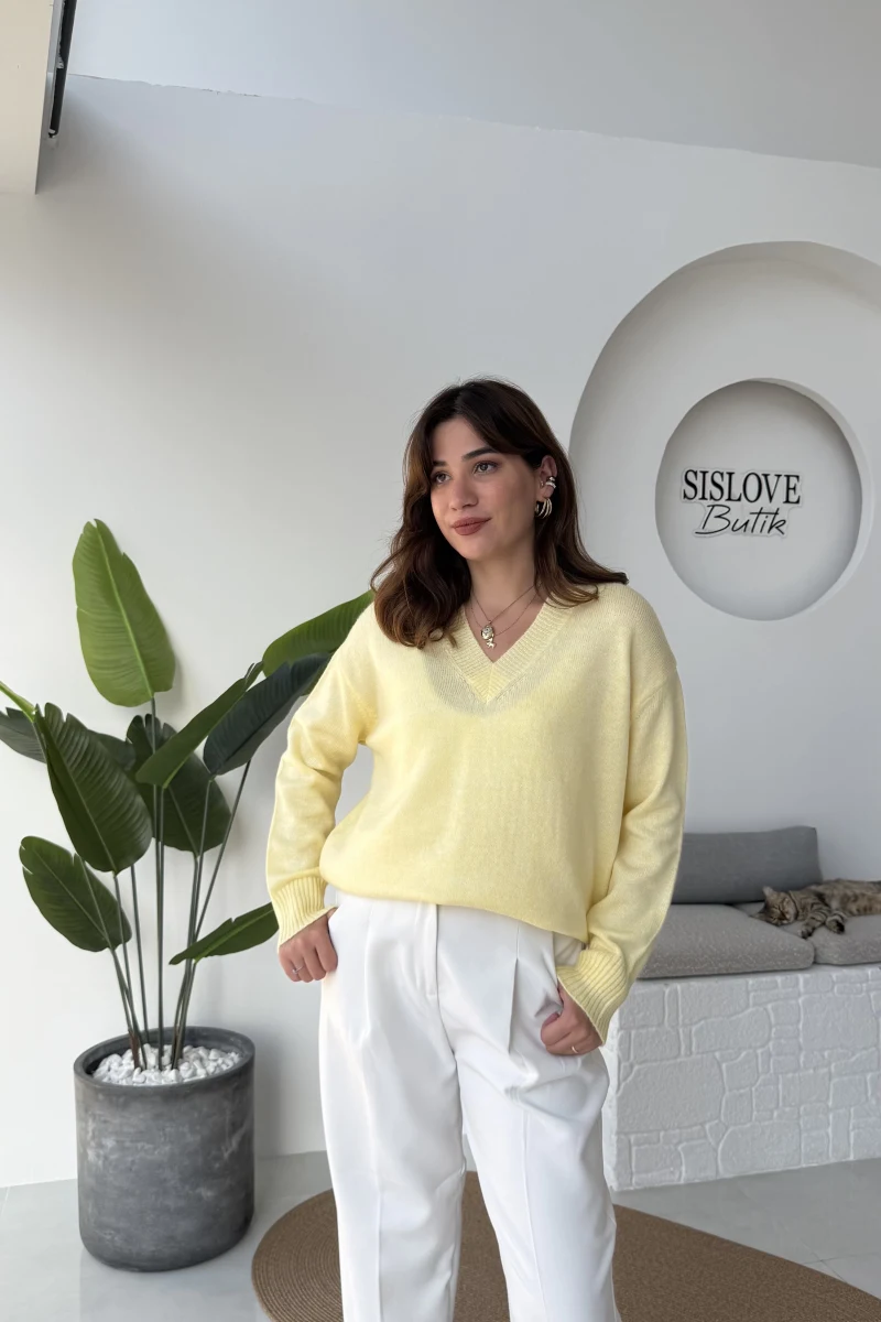 İsabella V Yaka Kazak - Sarı