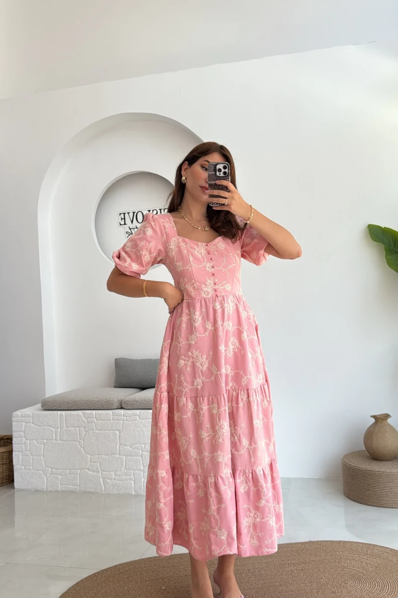 İşlemeli Mary Pembe Elbise - 8976
