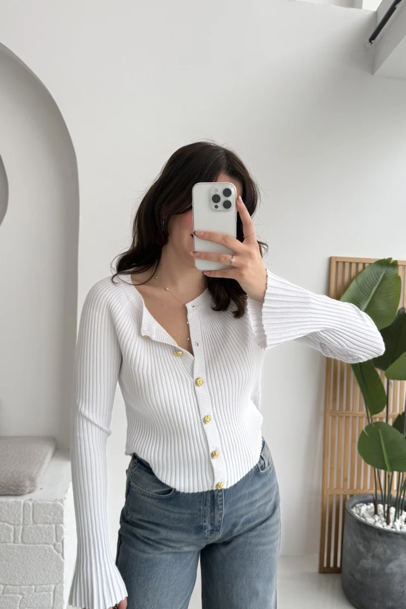 İspanyol Kol Detay Triko Hırka - Ekru - Kod: 4964