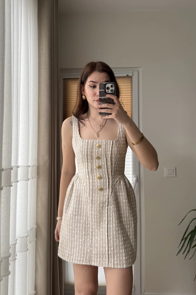 İspanyol Serisi Gold Düğme Detay Tüvit Elbise