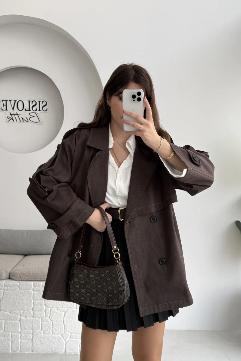 Ivanna Kuşaklı Kısa Kot Trenç - Acı Kahve - Kod: 2077