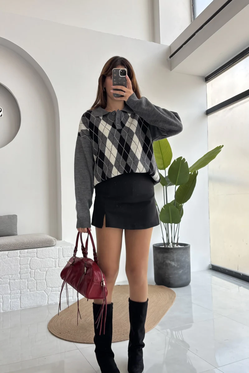 Janet Polo Yaka Baklava Desenli Kazak - Antrasit