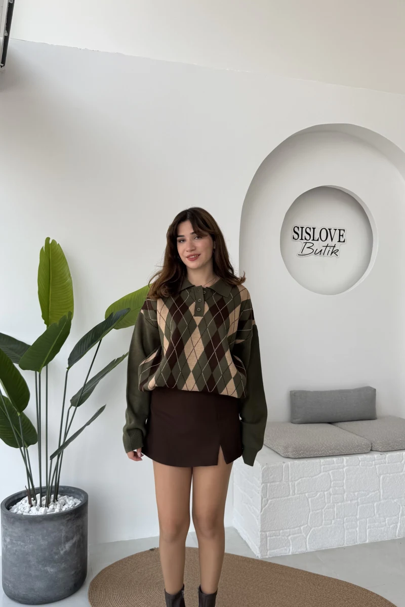 Janet Polo Yaka Baklava Desenli Kazak - Haki