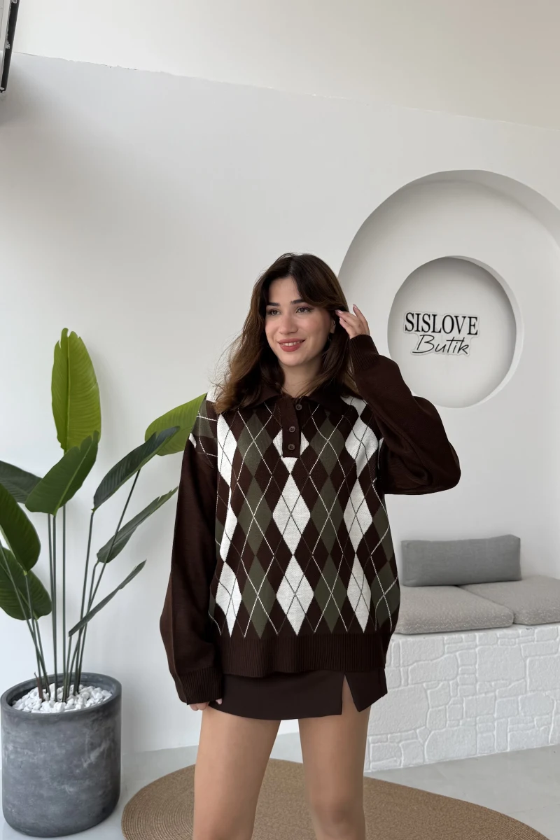 Janet Polo Yaka Baklava Desenli Kazak - Kahverengi