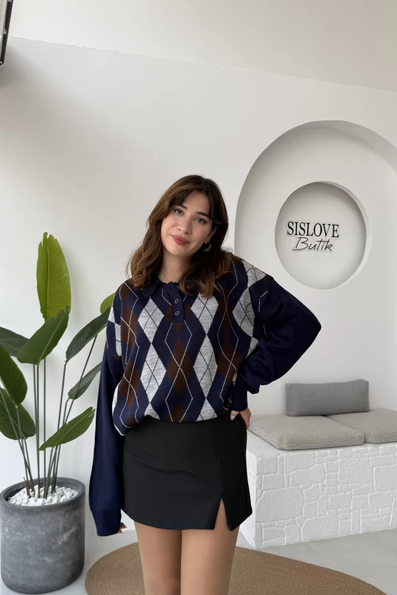 Janet Polo Yaka Baklava Desenli Kazak - Lacivert