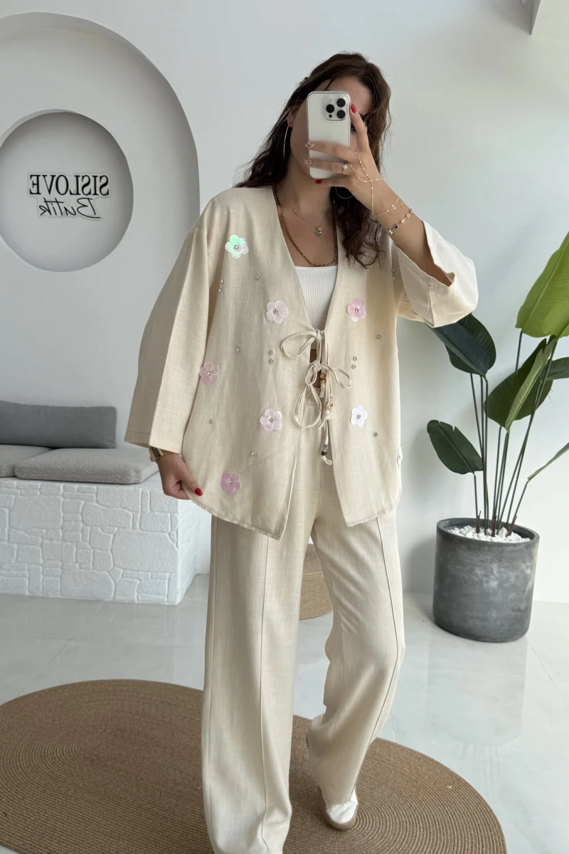 Jasmine Çiçek ve Taş Detay Takım - Taş