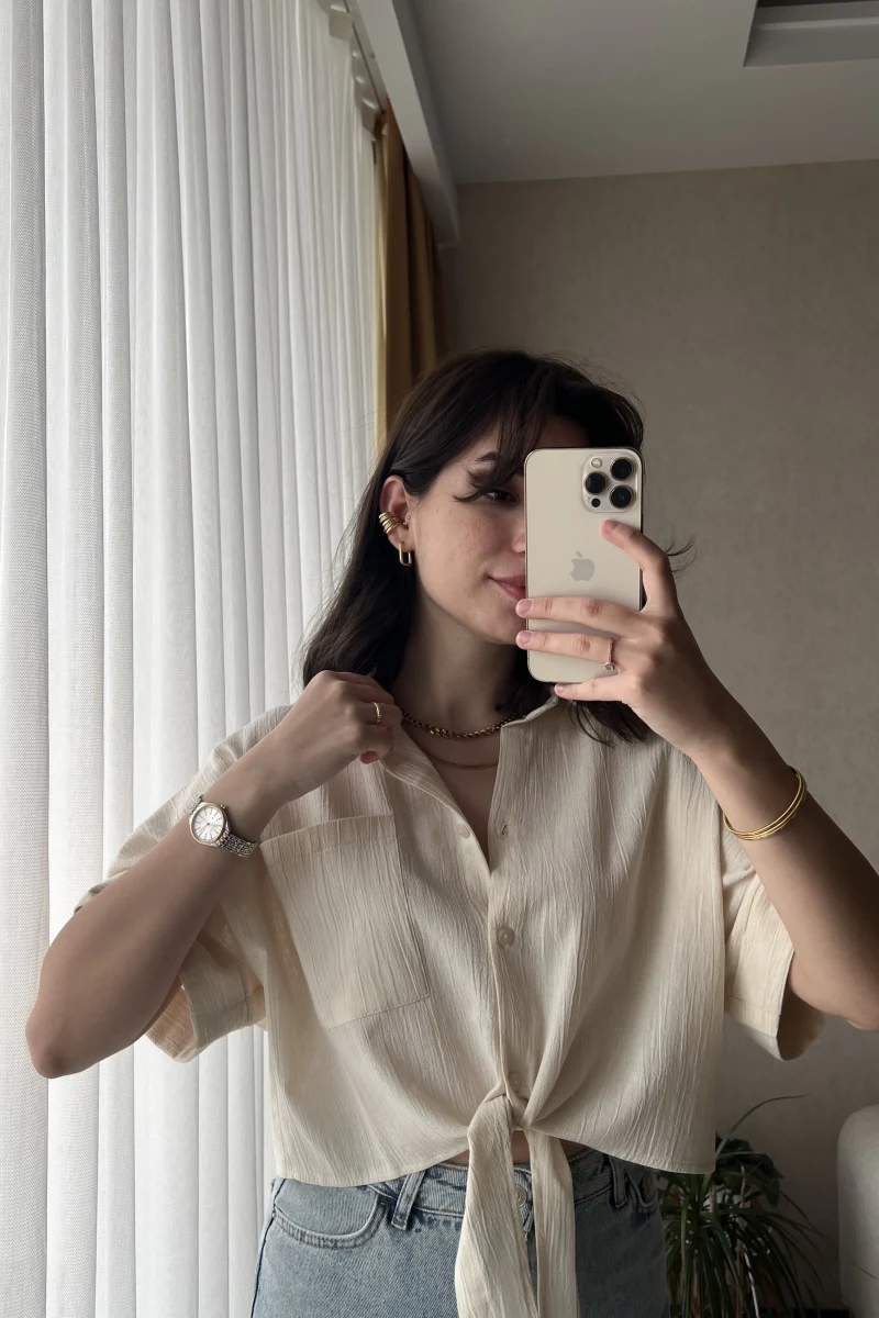 Jennefer Krem Bağlamalı Gömlek