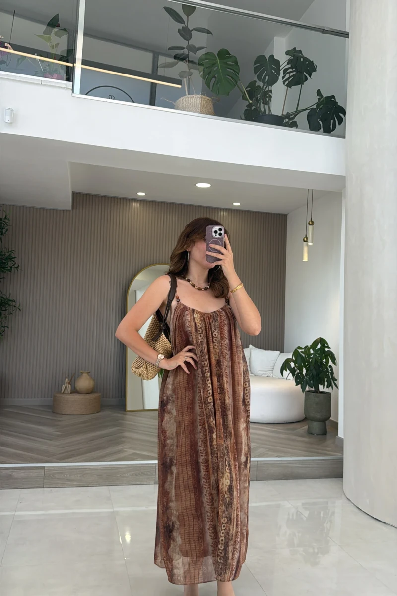 Jenny Askılı Desenli Elbise - Camel - Kod: 3466